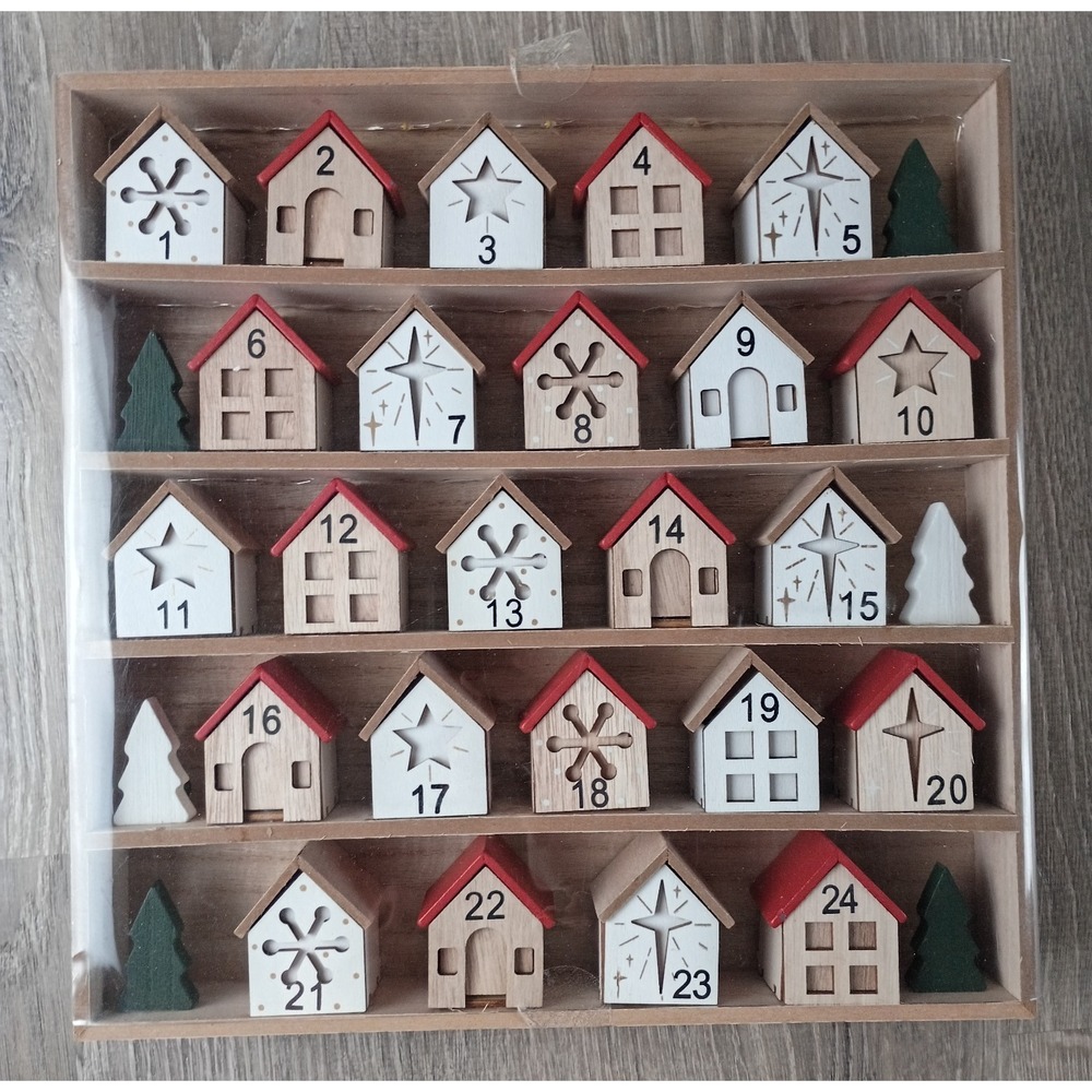 Wooden Christmas Advent Calendar Houses 24 Drawers Rustic Winter Decor Trees